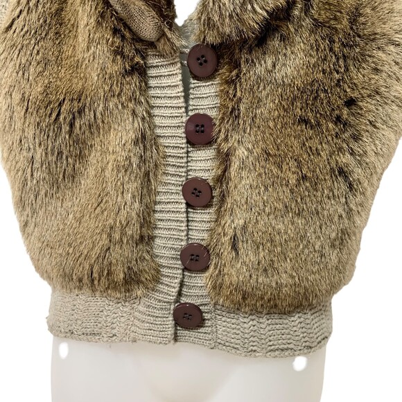 Bisou Bisou Sweater Brown Faux Fur Knit Short Sleeve Button Up XS - Picture 6 of 11